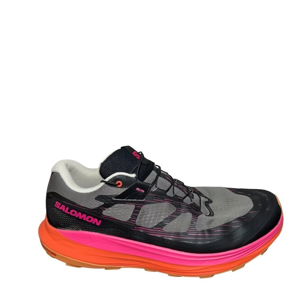 Salomon Gray Trail Shoe with Pink and Orange Midsole